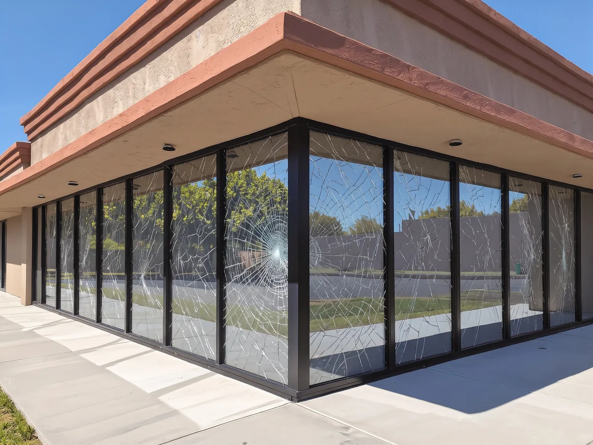 Storefront glass with anchored security film cracked by the same impact but held in its frame by the anchoring system
