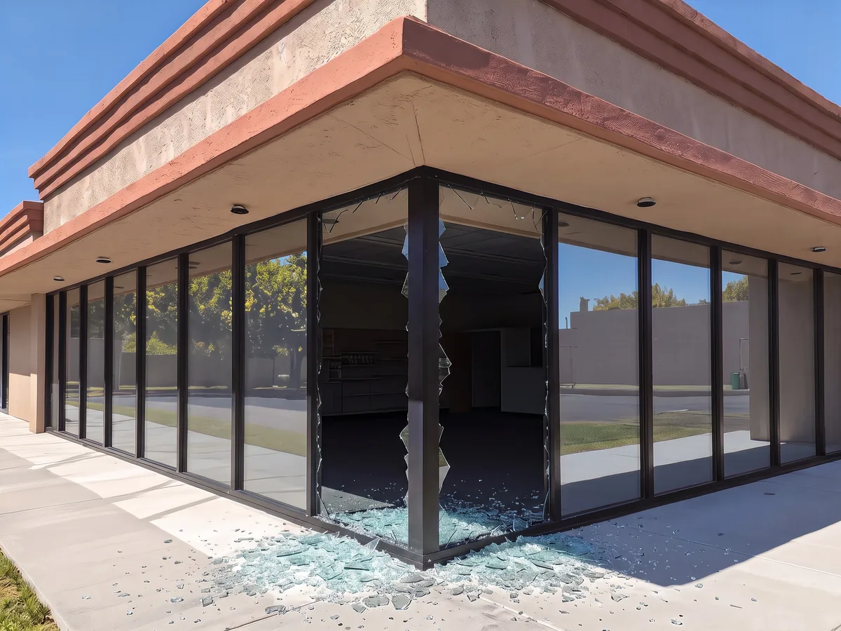 Untreated storefront glass shattered by an impact and fallen out of its frame, leaving an open hole and broken glass on the sidewalk