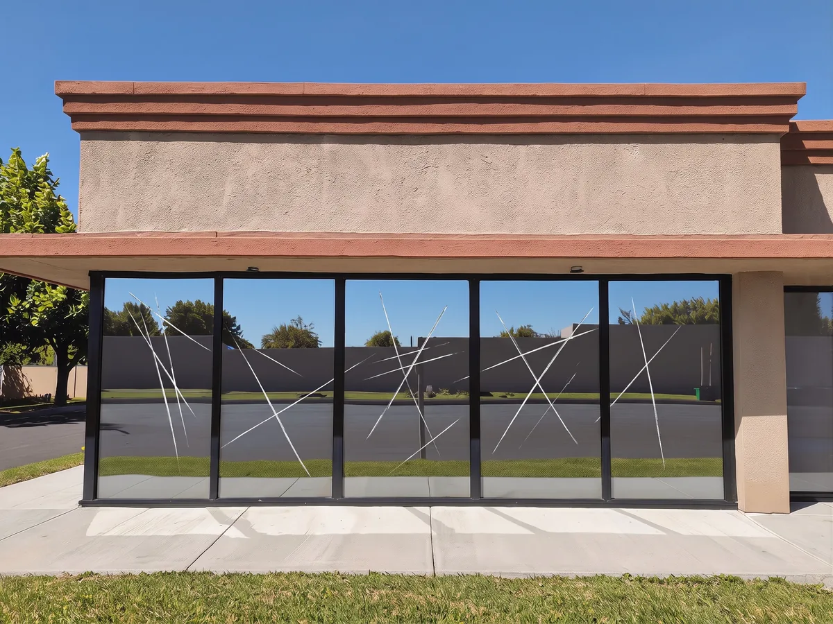 Tagged and etched storefront glass before anti-graffiti window film