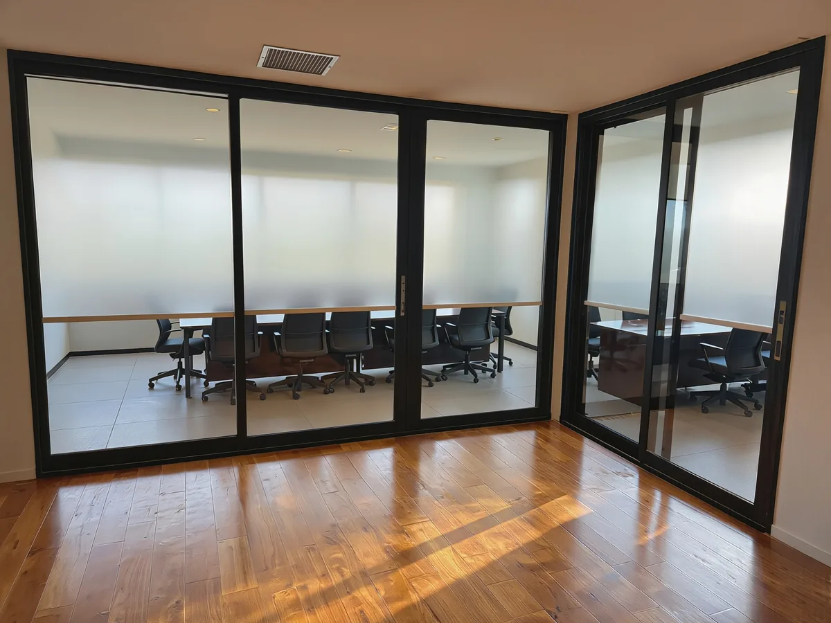 Plain untreated glass partition before decorative window film