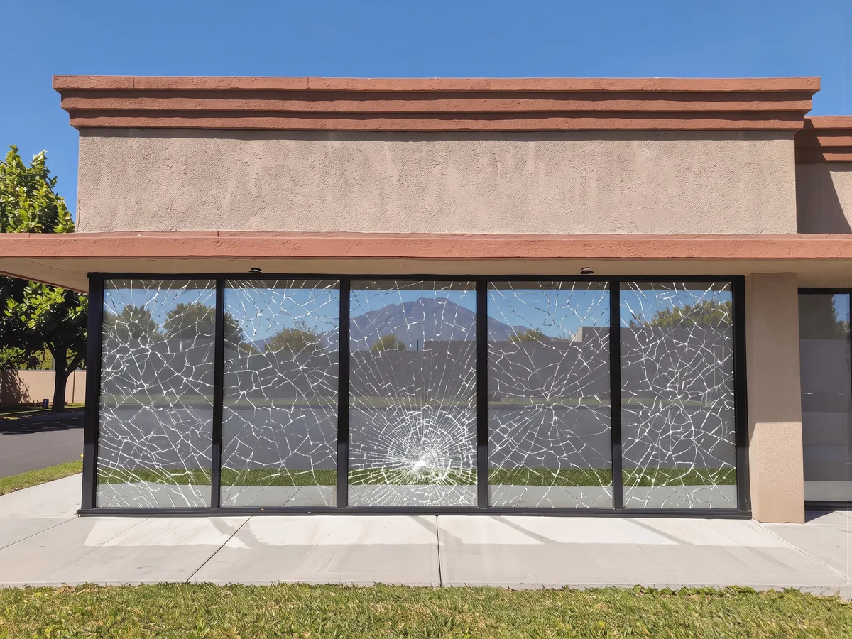 Commercial window with safety and security film cracked by the same impact but held together in its frame