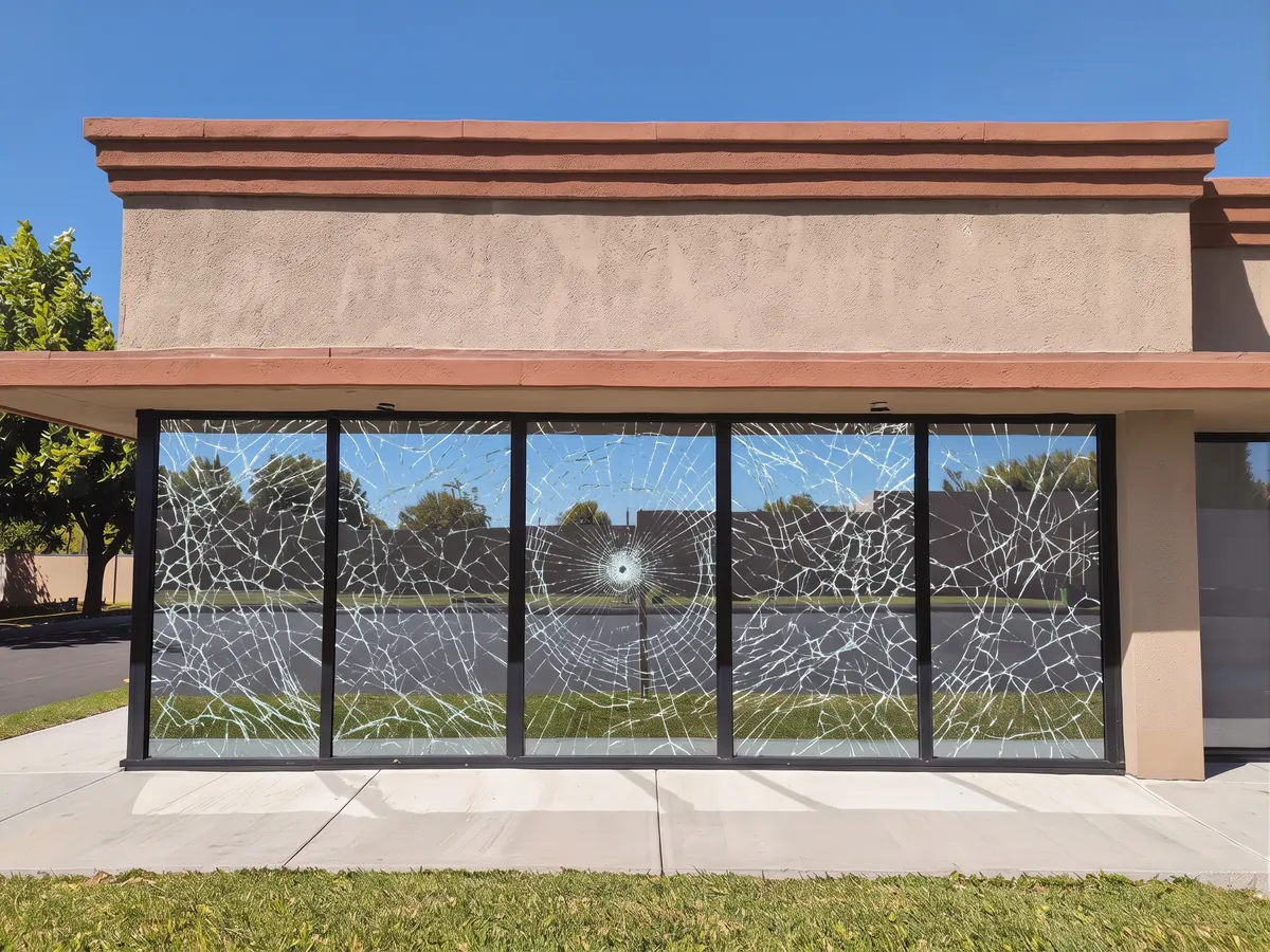 Storefront glass with security window film cracked by the same impact but held together in its frame