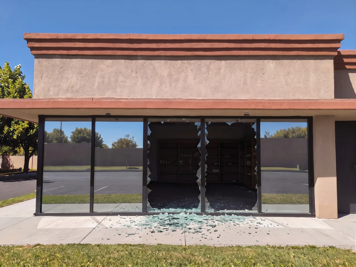 Untreated storefront glass shattered by an impact and fallen out of its frame, leaving an open hole and broken glass on the sidewalk