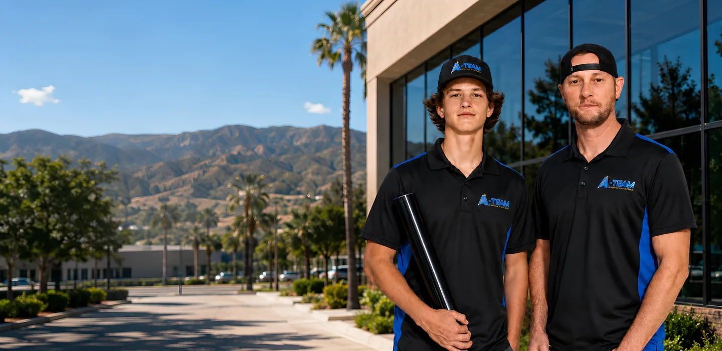 Justin Scott and Josh Scott of A-Team Window Solutions outside a commercial building in Yucaipa, CA